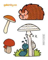 Hedgehog, mushrooms and ant